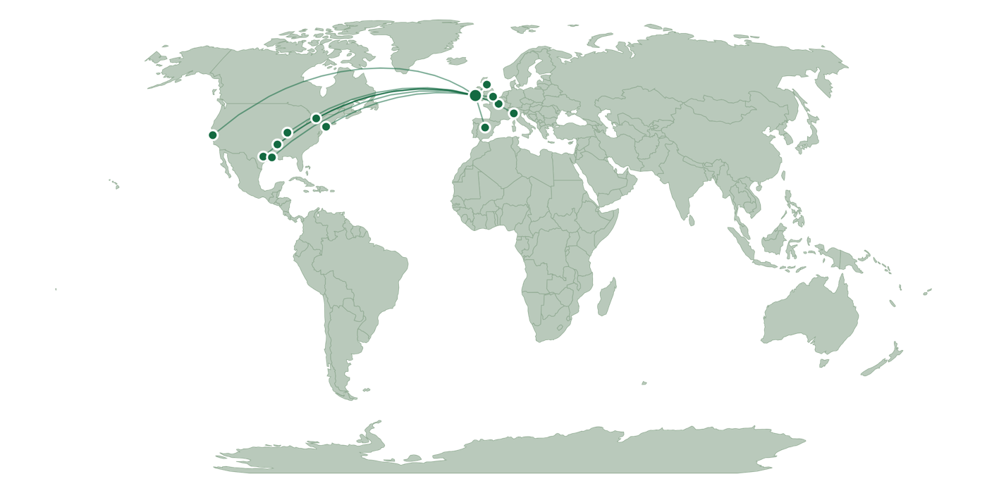 World map with pins on the cities Robert has visited — across Ireland, the UK, France, Spain, Italy, Canada and the United States — and routes fanning out from Ireland.